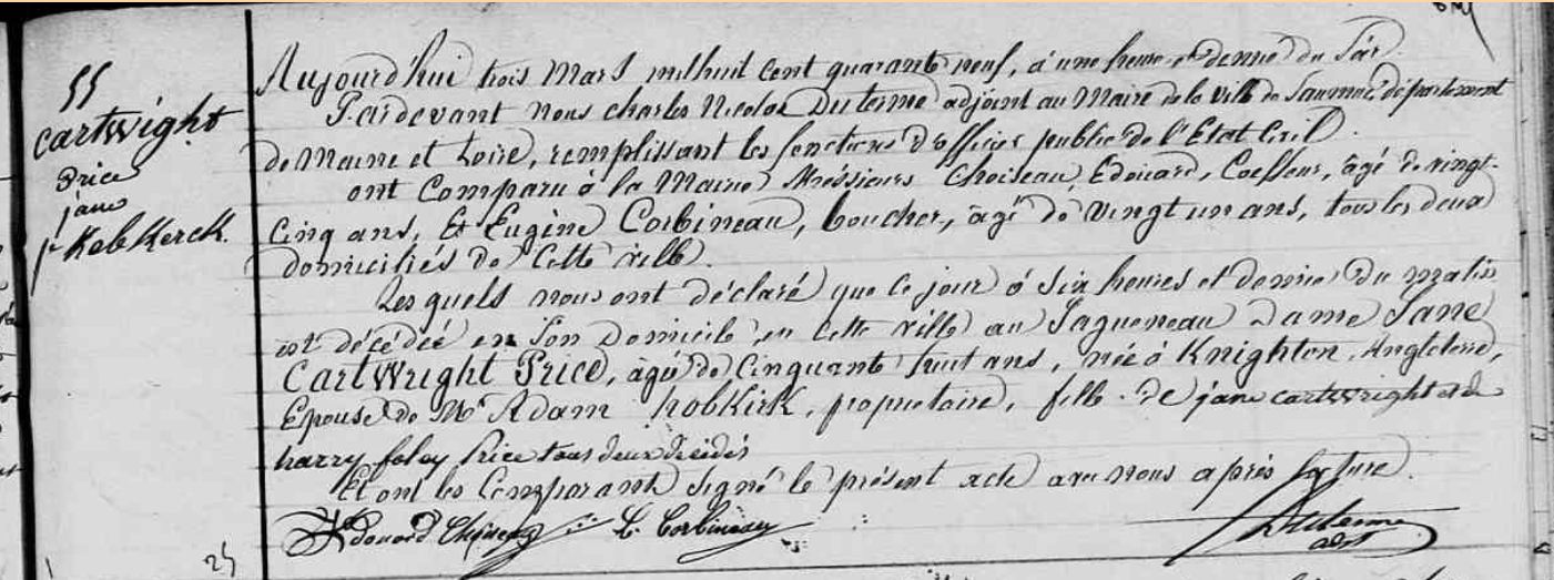 Jane Cartwright Price HOBKIRK Death Notice 3 March 1849
